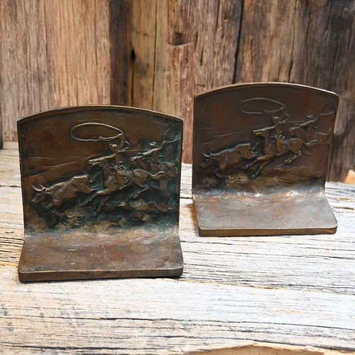 Vintage Heavy Bronze Roping Scene Bookends