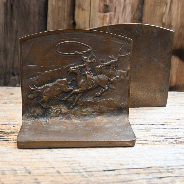 Vintage Heavy Bronze Roping Scene Bookends