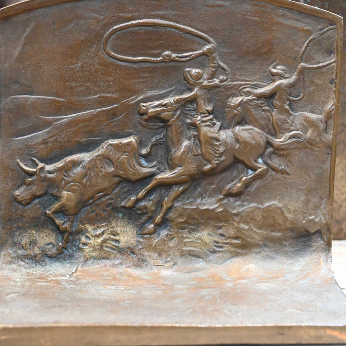 Vintage Heavy Bronze Roping Scene Bookends