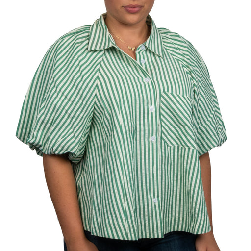 Button Down Bubble Sleeve Top - Green Stripe WOMEN - Clothing - Tops - Short Sleeved En Merci
