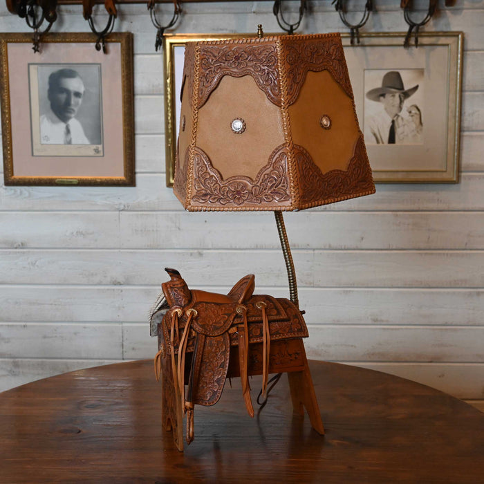 John H. Kittleson Tooled Leather Mini Saddle Lamp Collectibles John H. Kittleson