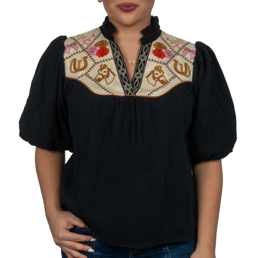 Puff Sleeve Embroidered Top - Black WOMEN - Clothing - Tops - Short Sleeved THML Clothing
