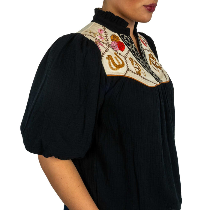 Puff Sleeve Embroidered Top - Black WOMEN - Clothing - Tops - Short Sleeved THML Clothing