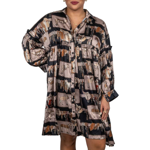 Horse Painted Frill Satin Midi Dress WOMEN - Clothing - Tops - Long Sleeved Beulah Style
