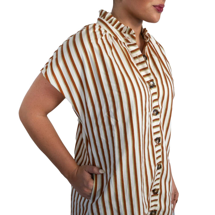 Ruffle Neck Striped Button Dress WOMEN - Clothing - Dresses THML Clothing