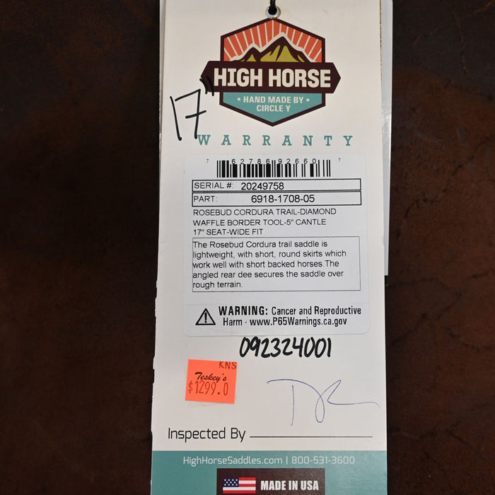 17" HIGH HORSE ROSEBUD CORDURA TRAIL SADDLE Saddles - New High Horse