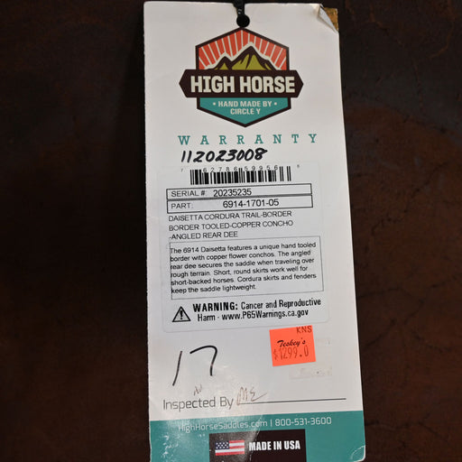 17" HIGH HORSE DAISETTA CORDURA TRAIL SADDLE Saddles - New High Horse