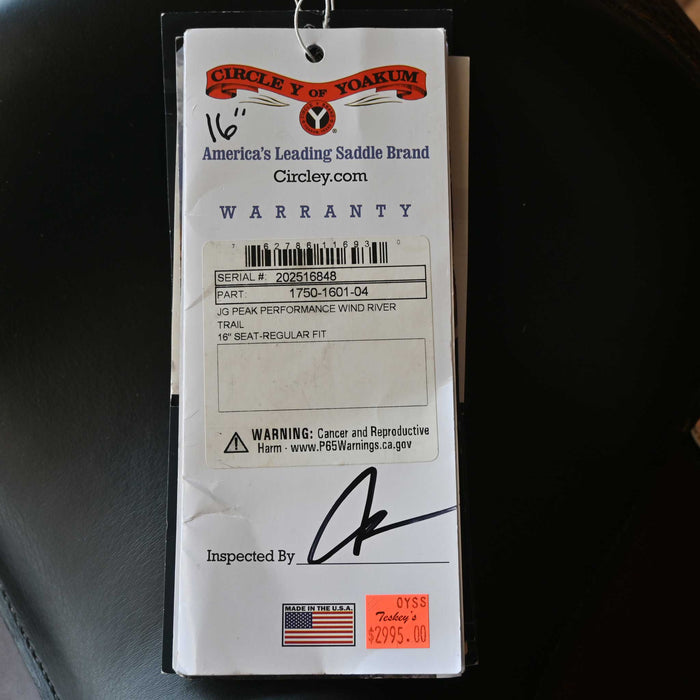 16" DEMO CIRCLE Y JG PEAK PERFORMANCE WIND RIVER TRAIL SADDLE