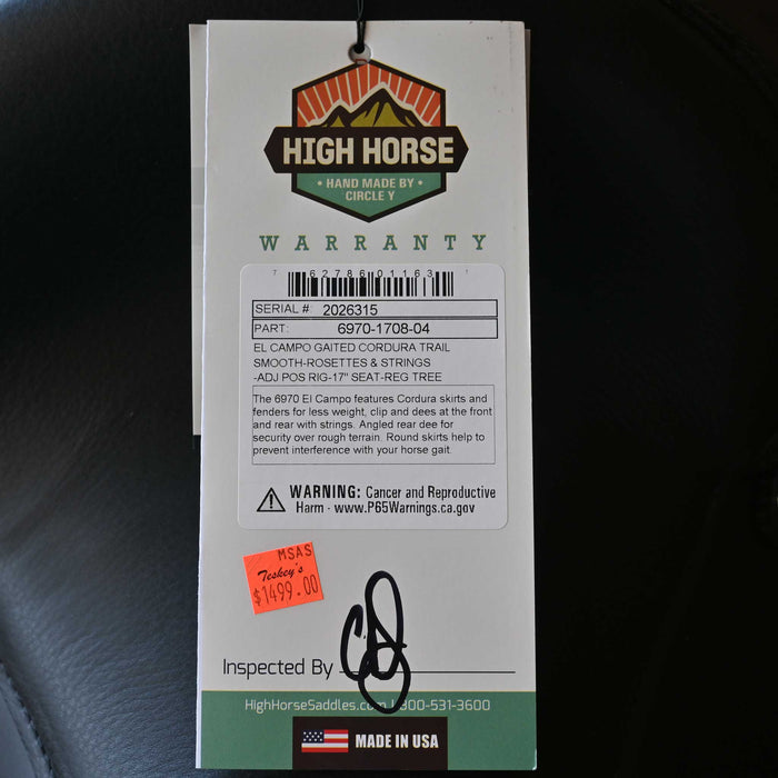 17" HIGH HORSE EL CAMPO GAITED CORDURA TRAIL SADDLE