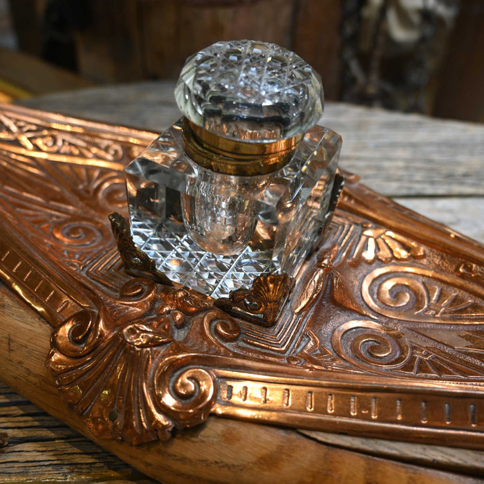 Vintage Art Deco Copper & Wood Inkwell - All Original - Cut glass inkwell Collectibles Vintage