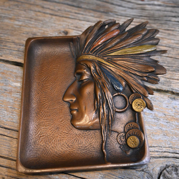 1920's-40's Cold Painted Indian Bronze with Headress Dresser Tray Collectibles Teskey's