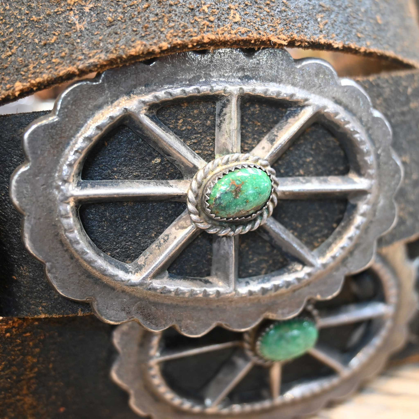 Vintage 1970's Tufa Cast Sterling Silver & Green Turquoise Conco Belt on Leather Collectibles Teskey's
