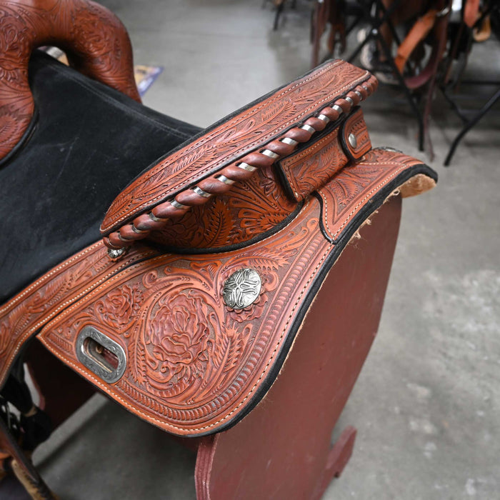 14.5" USED CIRCLE Y JACKIE JATZLAU TREELESS BARREL SADDLE Saddles - Used Circle Y Saddlery