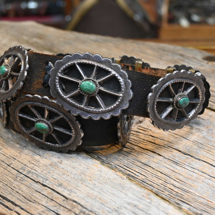 Vintage 1970's Tufa Cast Sterling Silver & Green Turquoise Conco Belt Collectibles Teskey's