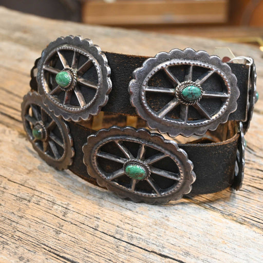 Vintage 1970's Tufa Cast Sterling Silver & Green Turquoise Conco Belt Collectibles Teskey's
