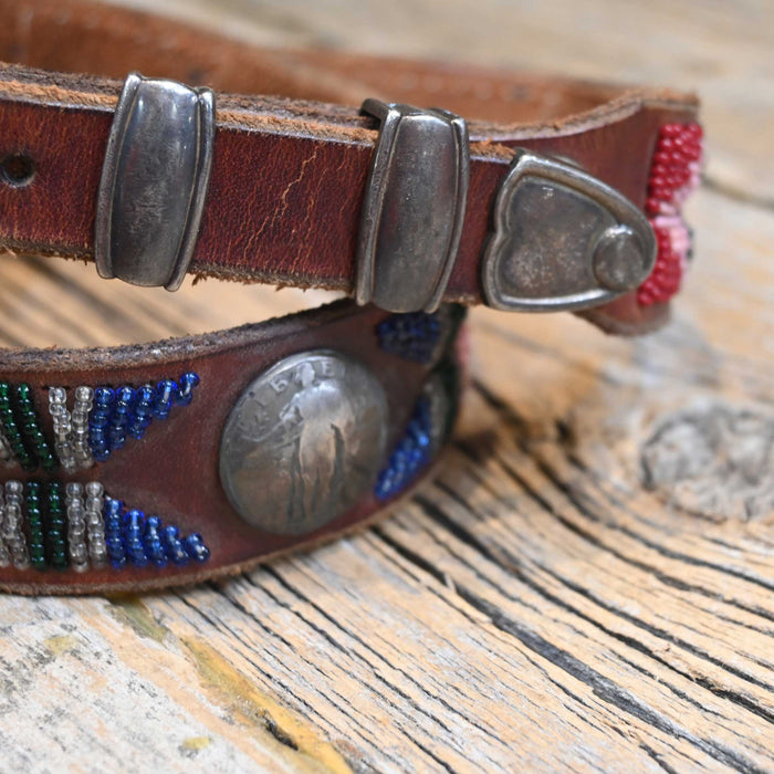 31" Vintage Colorful Beaded with Liberty Coin Conchos & Sterling Silver Buckle set