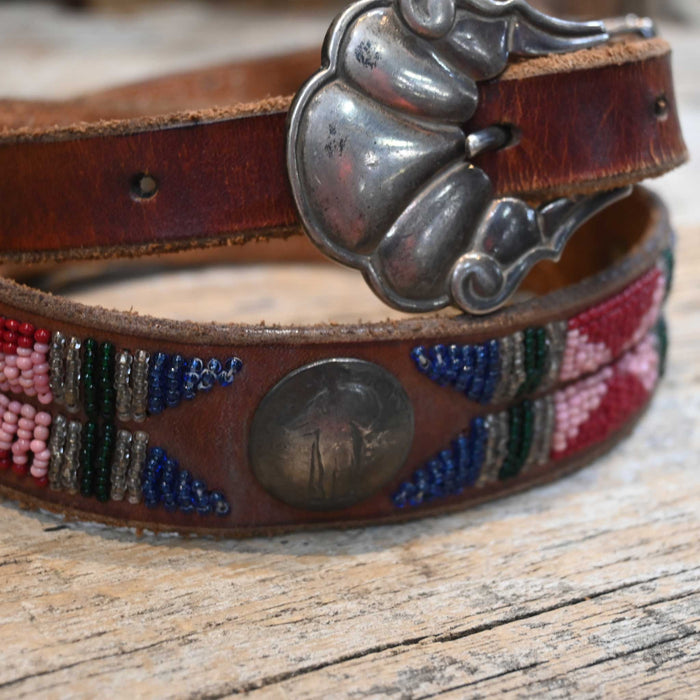 31" Vintage Colorful Beaded with Liberty Coin Conchos & Sterling Silver Buckle set