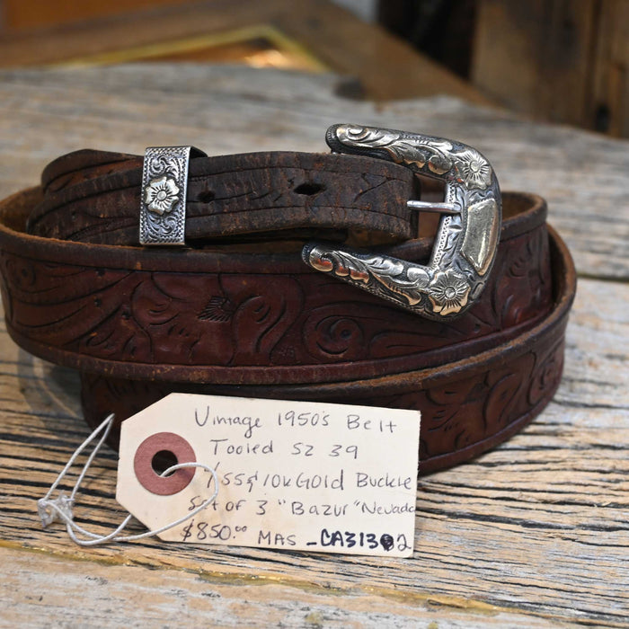 39" Vintage 1950's Tooled Leather with a Sterling Silver and 10K Gold 3 Piece buckle