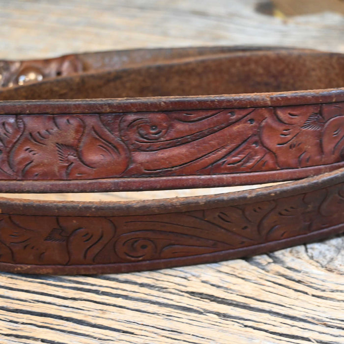 39" Vintage 1950's Tooled Leather with a Sterling Silver and 10K Gold 3 Piece buckle