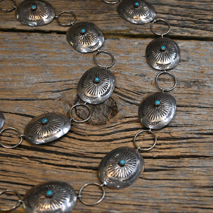 Antique Concho Belt Size 35" Sterling Silver with Turquoise Small Stones