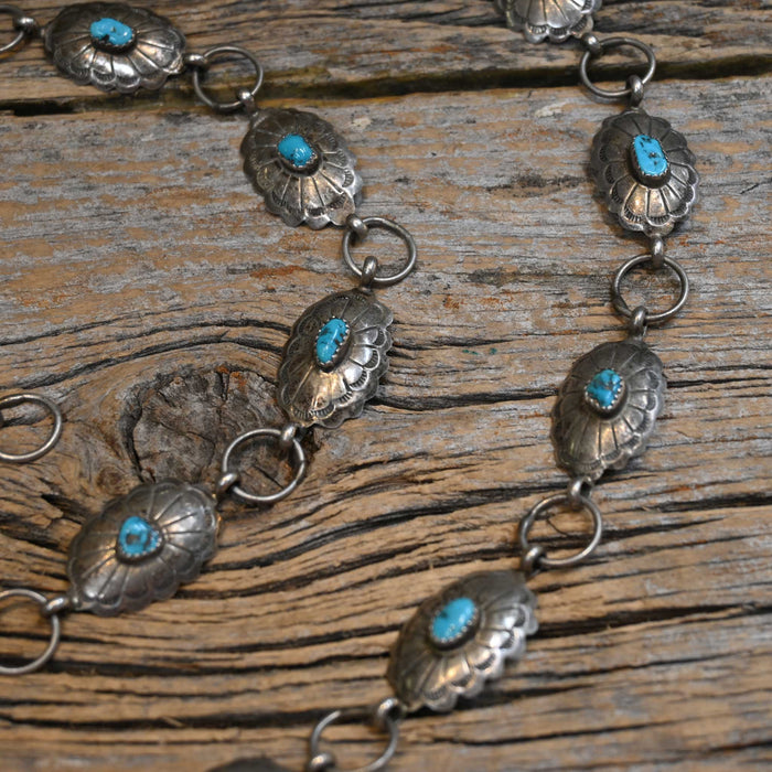 Antique Concho Belt Size 38" Sterling and Turquoise Stones