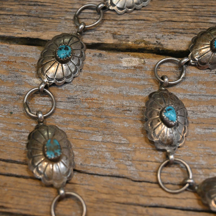 Antique Concho Belt Size 38" Sterling and Turquoise Stones