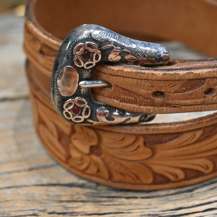 Fully Tooled N. Porter Belt with a 3pc. Sterling & Rose Gold Buckle set