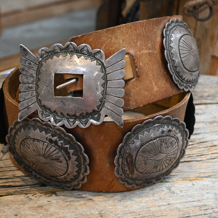 Fantastic Antique Concho Belt Size 36" Wide Leather Belt