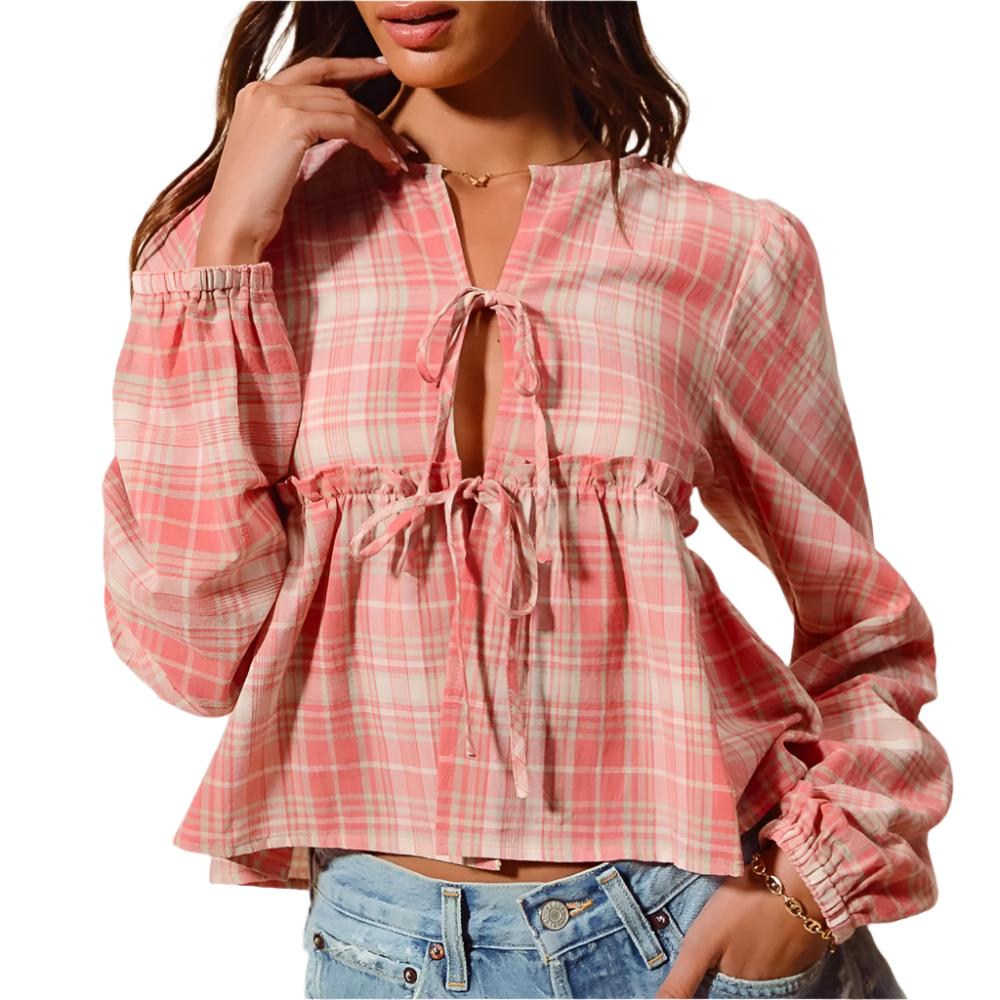 Plaid Front Tie Blouse WOMEN - Clothing - Tops - Long Sleeved So Me   