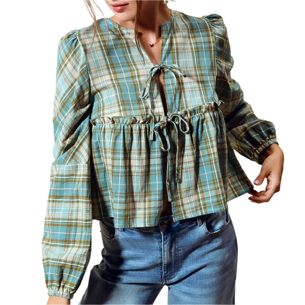 Plaid Front Tie Blouse - FINAL SALE WOMEN - Clothing - Tops - Long Sleeved So Me