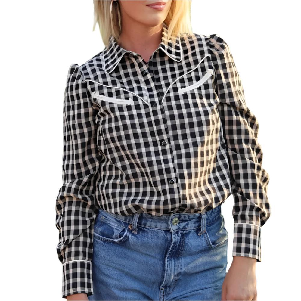 Howdy Hanny Gingham Blouse Women Clothing Tops Long Sleeve Howdy Hanny   