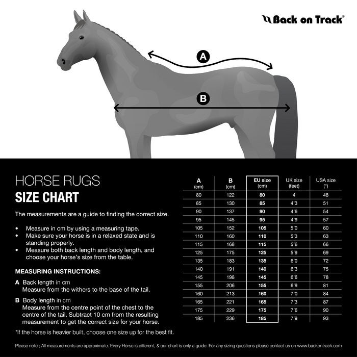 A size chart for horse rugs from Back on Track, showing a side-view horse diagram with measurement arrows labeled A and B, plus a black table below with size guides in cm, cms, EU size, UK size, and USA size.