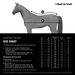 A size chart for horse rugs from Back on Track, showing a side-view horse diagram with measurement arrows labeled A and B, plus a black table below with size guides in cm, cms, EU size, UK size, and USA size.