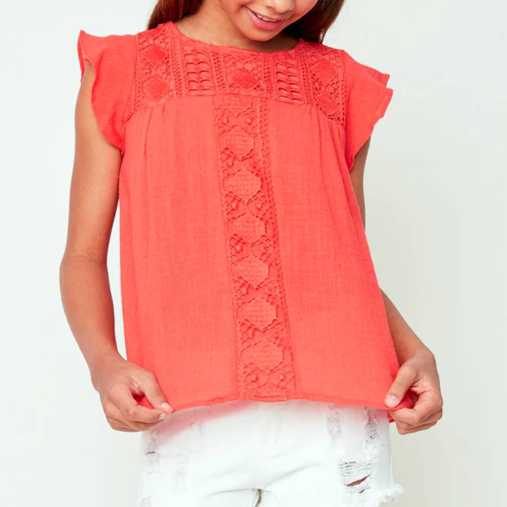 Hayden Girl's Flutter Sleeve Crochet Blouse KIDS - Girls - Clothing - Tops - Sleeveless Tops Hayden Los Angeles   