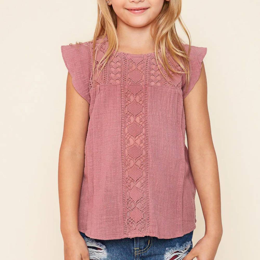 Hayden Girl's Flutter Sleeve Crochet Blouse KIDS - Girls - Clothing - Tops - Sleeveless Tops Hayden Los Angeles   