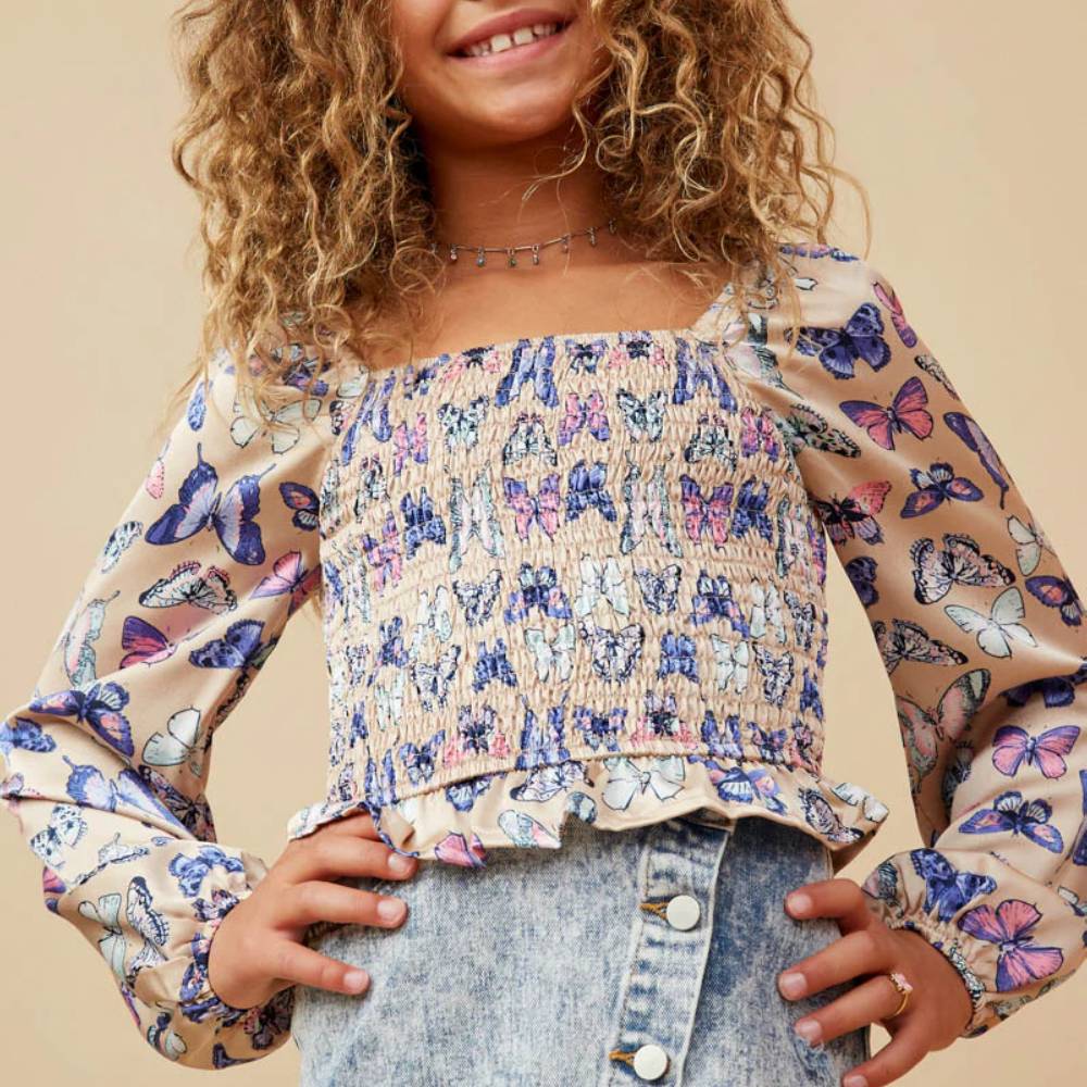 Hayden Girl's Satin Butterfly Print Blouse KIDS - Girls - Clothing - Tops - Long Sleeve Tops Hayden Los Angeles   