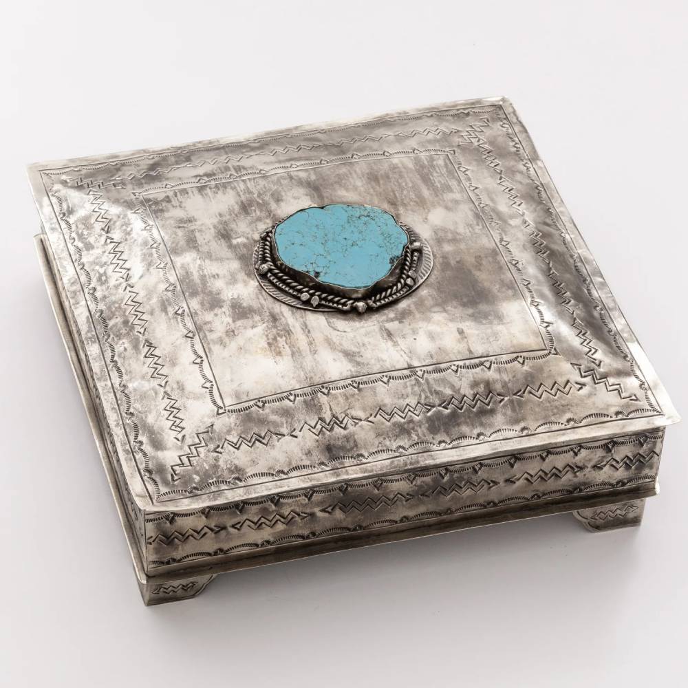 J. Alexander Large Stamped Turquoise Square Box HOME & GIFTS - Home Decor - Decorative Accents J. Alexander Rustic Silver   