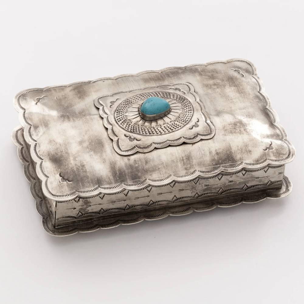 J. Alexander Stamped Rectangle Concho Turquoise Box HOME & GIFTS - Home Decor - Decorative Accents J. Alexander Rustic Silver   