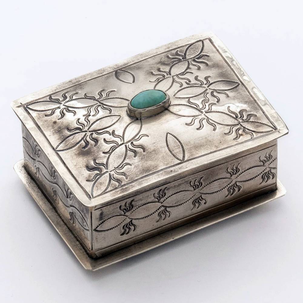 J. Alexander Small Hand Stamped Box With Turquoise HOME & GIFTS - Home Decor J. Alexander Rustic Silver   