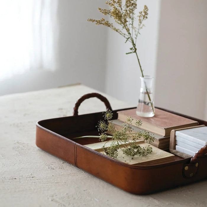 MDF & Leather Cognac Tray with Braided Handles