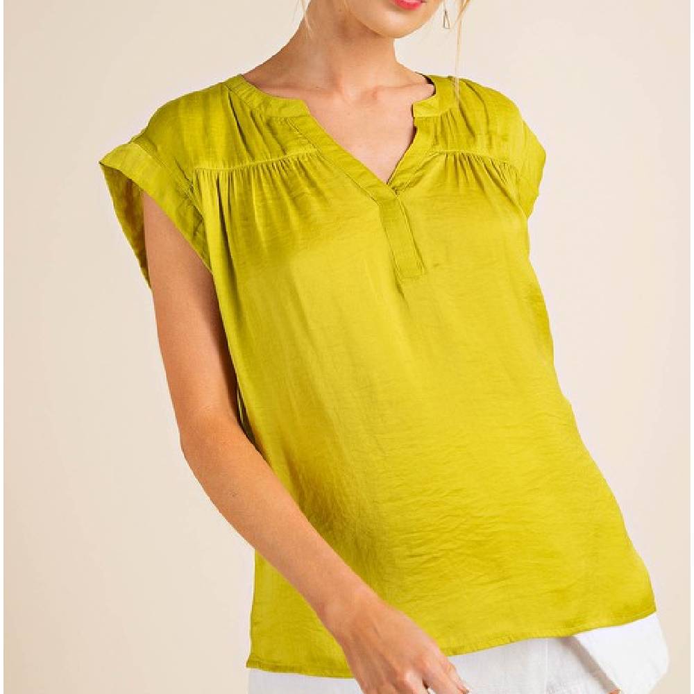 Satin V-Neck Top - Grass WOMEN - Clothing - Tops - Short Sleeved Kori America   