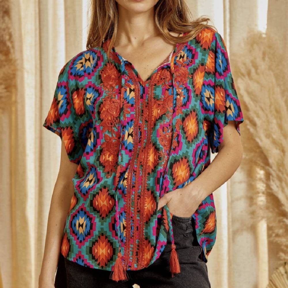 Floral Embroidery Aztec Print Shirt - FINAL SALE WOMEN - Clothing - Tops - Short Sleeved Andree By Unit Fashion   