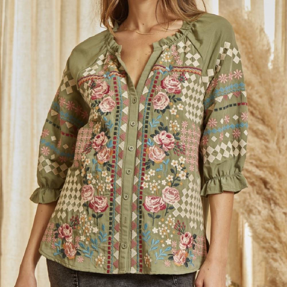 Floral Embroidered Ruffle Neck Shirt WOMEN - Clothing - Tops - Long Sleeved Andree By Unit Fashion   