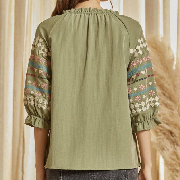 Floral Embroidered Ruffle Neck Shirt WOMEN - Clothing - Tops - Long Sleeved Andree By Unit Fashion   