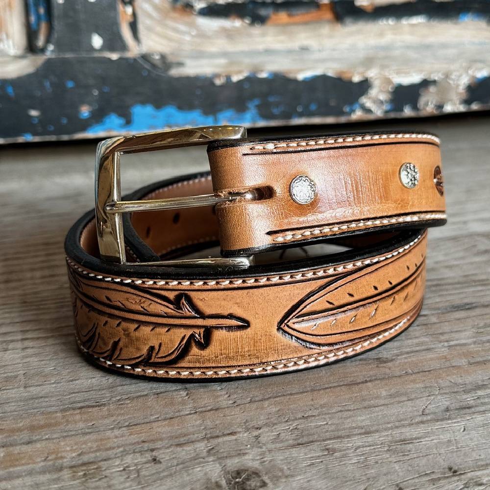 Leather Custom Tooled Feather Belt