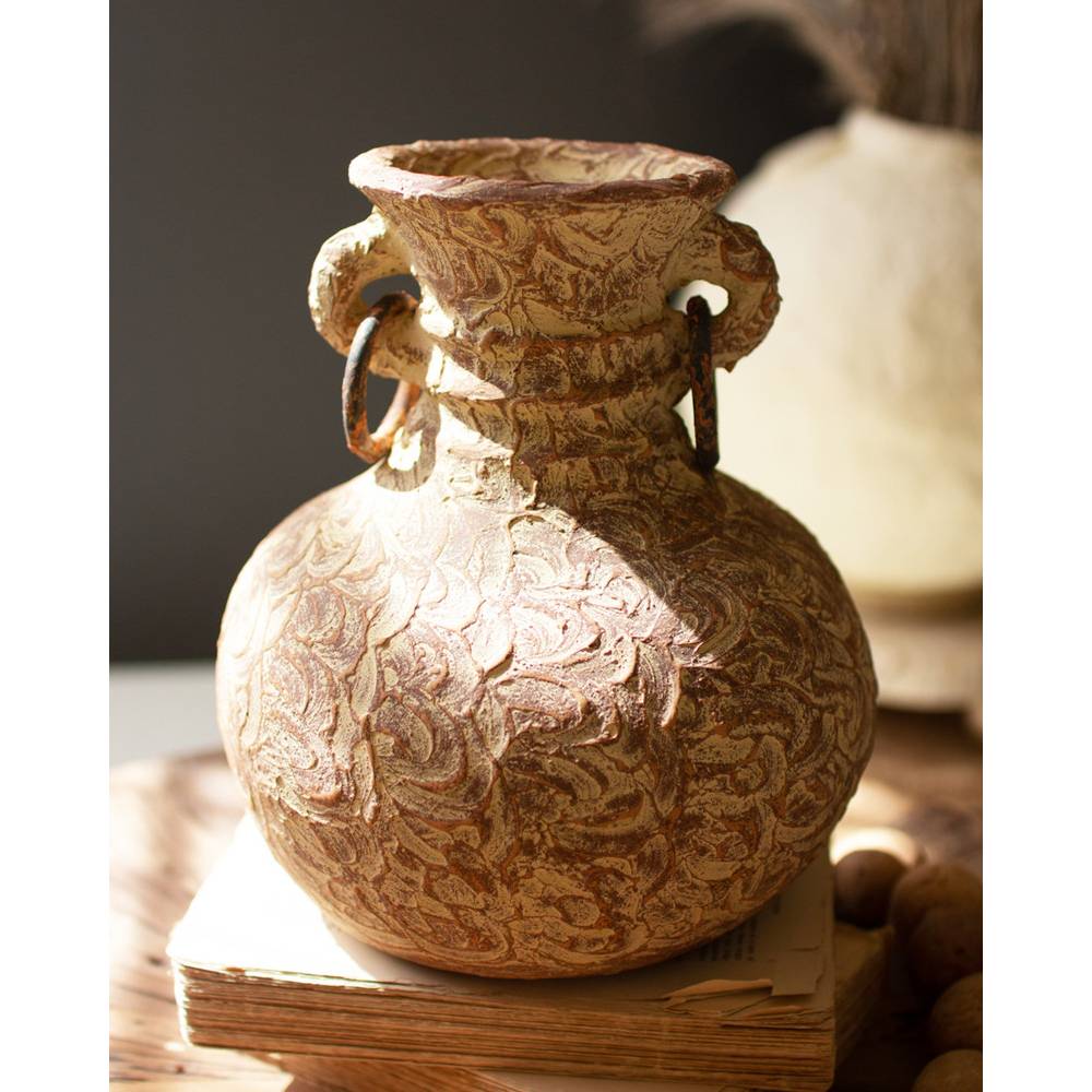Short Antiqued Clay Urn with Metal Rings HOME & GIFTS - Home Decor - Decorative Accents KALALOU   