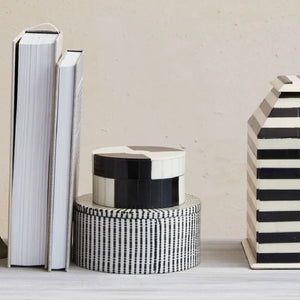 Black & Cream Stripe Round Resin Box HOME & GIFTS - Home Decor - Decorative Accents Creative Co-Op   