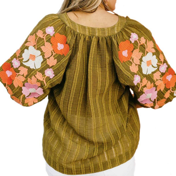 Floral Embroidered Sleeve Top - Teskeys