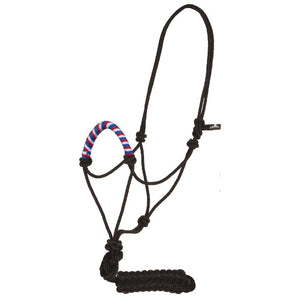 Solid Nose Rope Halter with Lead Tack - Halters & Leads Mustang Red/White/Blue  