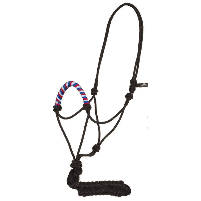Solid Nose Rope Halter with Lead Tack - Halters & Leads Mustang Red/White/Blue